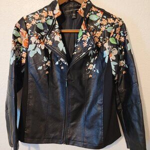 Colleen Lopez Black Faux Leather Long Sleeve Zip Up with Embroidered Flowers